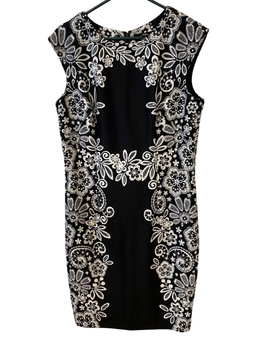 R&K Womens 14 Black White Floral Lace Print Sleeveless Sheath Dress Cocktail